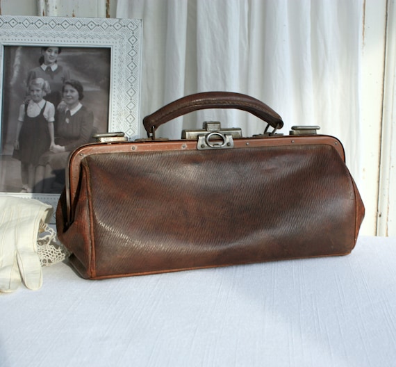 French Antique Leather Doctors or Gladstone Bag, F
