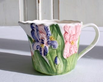 Hand painted bone china creamer or jug with decorative iris flower detail
