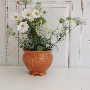 May include: A glossy orange ceramic planter with a rounded body and embossed decorative detailing around the rim. The planter is filled with a bouquet of white cosmos flowers and green Queen Anne's lace with thin, feathery foliage stems.