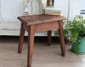 Large French Antique Wooden Stool, Rustic French Farmhouse Decor