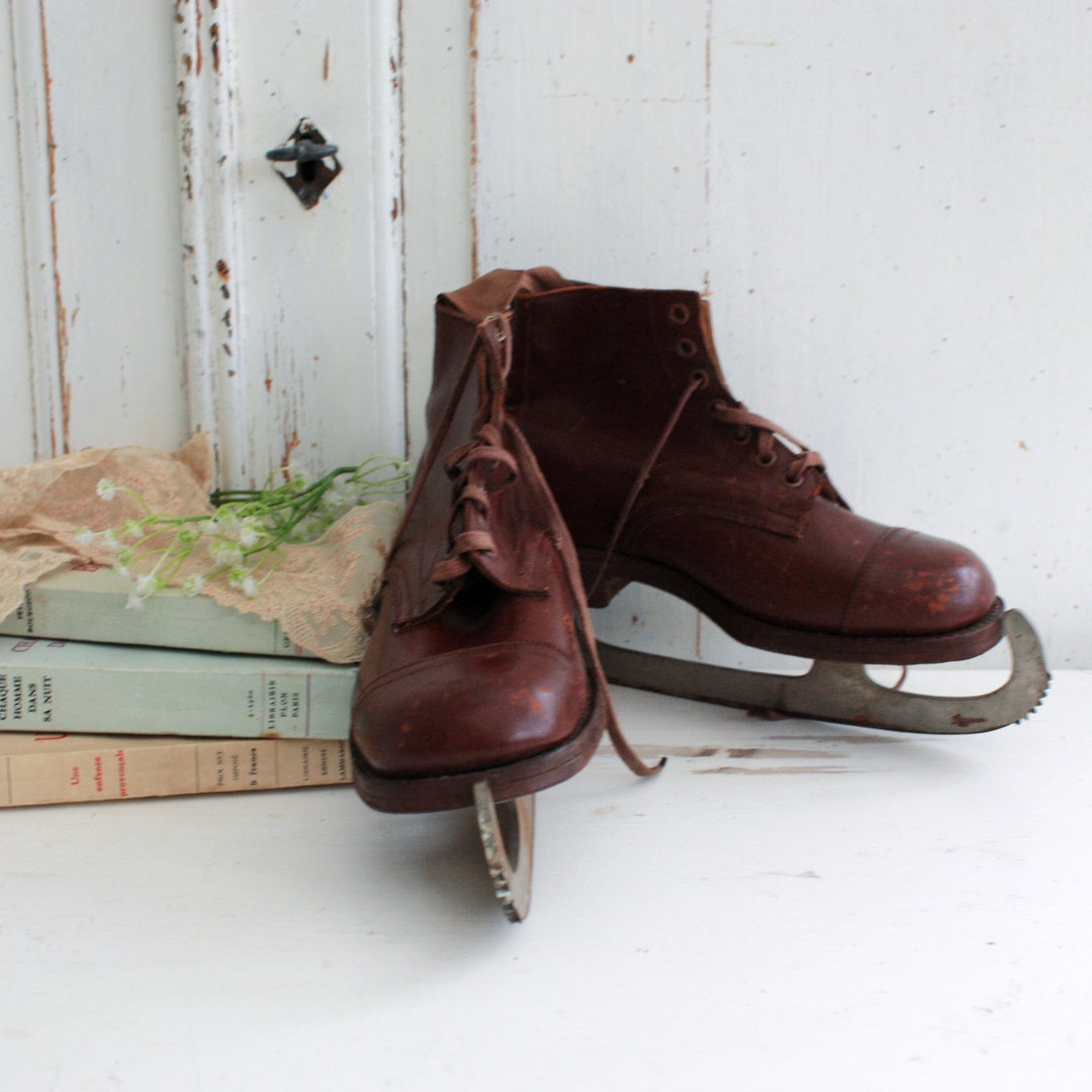 Child Size Vintage Brown Leather Ice Skates for Home Decor Etsy