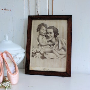Large French antique framed picture of a Mother and Daughter in a wooden frame