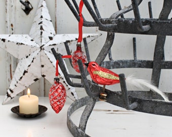 Three Red Glass Baubles, Original Nostalgic Christmas Decorations