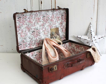 Piccola valigia originale francese antica, bagaglio decorativo vintage