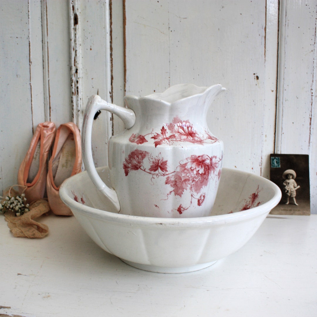 English Antique Jug and Wash Bowl, Pretty Pink Flower Design, Water Pitcher or Ewer and Bowl