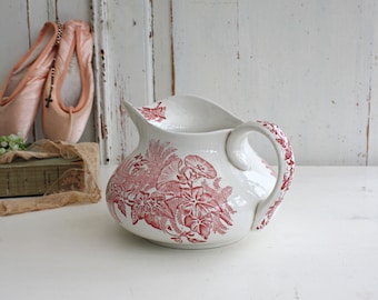 French Ironstone Water Jug or Pitcher with Pretty Transferware