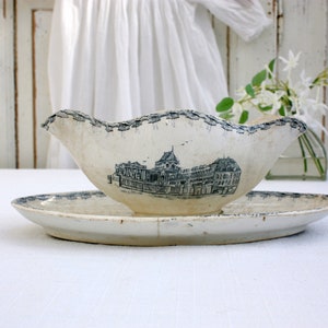 French Antique Ironstone Gravy Boat , tea stained rustic French Kitchen Decor