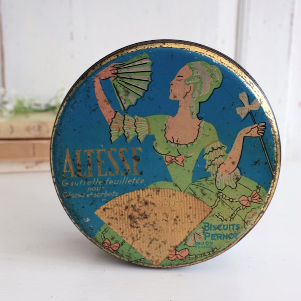 Old French Decorative Biscuit Tin or Canister,