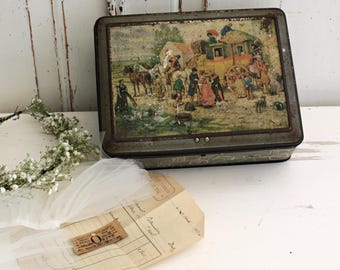 Old  Decorative French Biscuit or Sweet  Tin, Retro Vintage Village Picture
