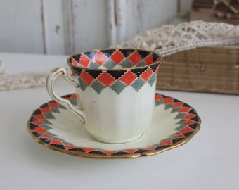English Bone China Espresso Cup and Saucer: Geometric Design, E Hughes & Co