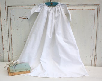 Antique White Cotton Christening Gown, Baby Gown with Lace Edges and Tie Back