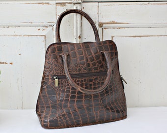 80's Brown Leather Top Handle Tote Bag, Vintage Moc Croc leather Purse