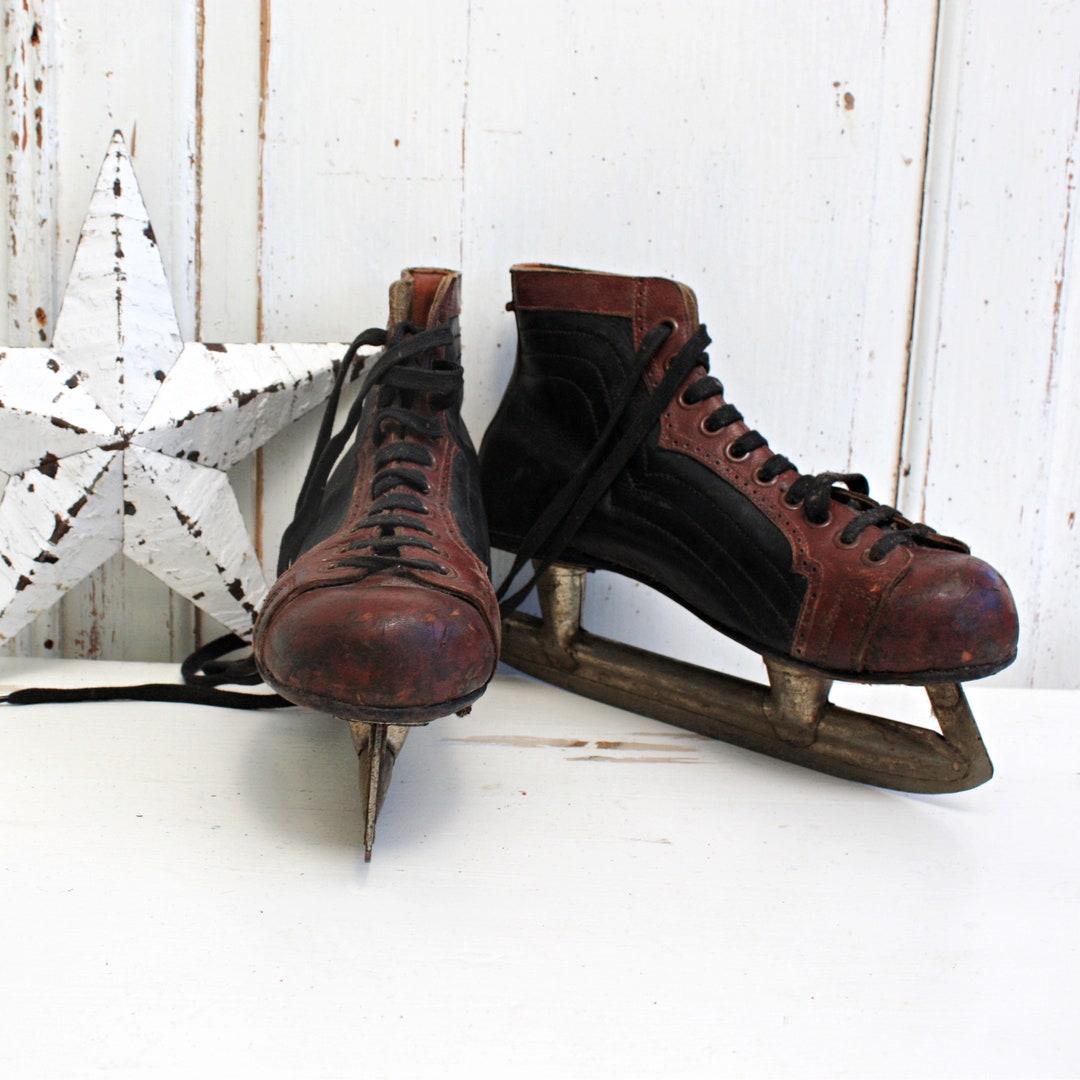 Old Brown Antique Leather Ice Skates Vintage Country Etsy UK