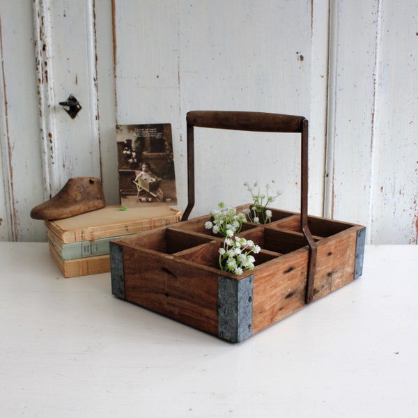 Old rustic French wooden garden trug, harvesting basket, bottle or jar carrier