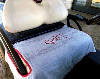 Gray Terry Cloth Golf Cart Seat Cover saying Golf in Red