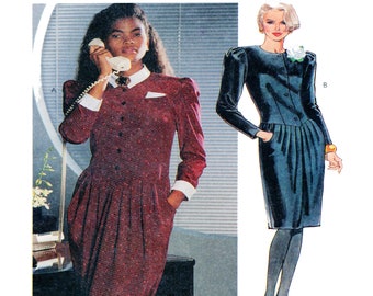 McCall's 3861, Women Dress Sewing Pattern, 80s Fashion, Round Neckline, Fit Flare Dress, Button Front Dress, Drop Waist Dress Size 14, UNCUT