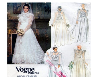 Vogue 2864, Bridal Originals, modello di abito da sposa vintage anni '80, taglia 8, tessuto liscio, scollo alto, manica lunga, volant, non tagliato