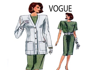 Vogue 9844, Sheath Dress & Jacket, Women Sewing Pattern, Women Size 14, Short Sleeve, Long Button Blazer, Straight Skirt ,Dress Set, UNCUT