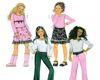 Butterick 4338, Child Coordinates, Size 7-8-10, UNCUT Girls Pull Over Top, Long Sleeve Shirt, Aline Skirt, Pull On Pant, Wide Leg Pant,