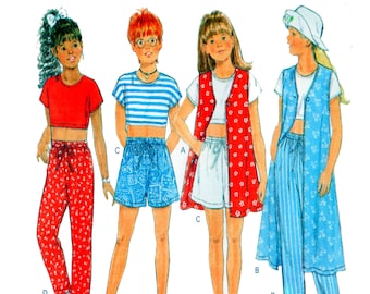 Butterick 3339, Children Summer Clothing, Crop Top, Short Sleeve Shirt, Elastic Waist Pants, Shorts, Vest, Children Size 7-8-10 UNCUT