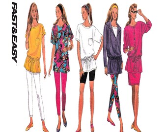 Conjunto deportivo para mujer, Butterick 5384, chaqueta con botones en el frente, leggings, falda recta, escote redondo tipo túnica, tallas de mujer 6-8-10, SIN CORTAR