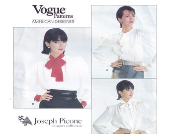Patrón de costura de blusa para mujer Vogue 1207, colección de diseñador Joseph Picone, botones, jabot, cuello poeta, manga larga, talla 10, sin cortar