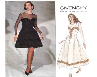 Vogue 1276, GIVENCHY, Robe de créateur, Robe de cocktail, Taille 14, Décolleté en cœur, Manches longues cisaillement, Évasement des années 90, Patron de couture femme