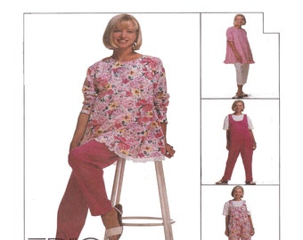 May include: A sewing pattern for three different outfits. The first outfit is a floral print top with a lace trim and pants. The second outfit is a pink top with a ruffle hem and white pants. The third outfit is a pink overall jumpsuit. The pattern is called "Trio" by Judy Lee.
