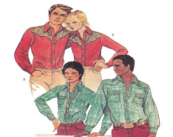McCalls 6383, chemise country western à boutons-pression ou à boutons pour hommes et femmes des années 70, empiècement de chemise, chemise à manches longues à revers, homme taille 38 non coupé