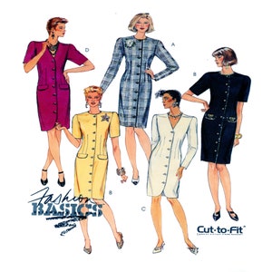 May include: Four different dress patterns with button fastenings. The dresses are in various colours and patterns, including pink, yellow, blue, and black. The patterns are labelled A, B, C, and D. The text "Fashion Basics" and "Cut-to-Fit" are also visible.