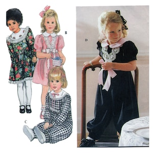May include: A sewing pattern for four different children's dresses. The pattern includes a black and white gingham dress, a pink dress with a white lace collar, a black dress with a white lace collar, and a floral print dress.