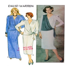 Op de afbeelding: Een naaipatroon voor een wikkeljurk met lange mouwen. Het patroon bevat drie verschillende aanzichten: een blauwe jurk, een witte jurk en een grijze jurk. Het patroon is van David Warren.