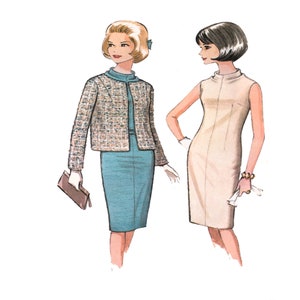 May include: Illustration of two women in vintage fashion. One wears a teal skirt suit with a tweed jacket and holds a clutch. The other wears a sleeveless, cream-colored dress. Both figures are styled with gloves and accessories.