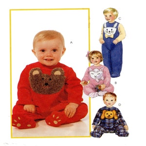 May include: Four baby onesies with animal appliques. The onesies are red, blue, pink, and plaid. The appliques are a bear, a bunny, a lamb, and a puppy.