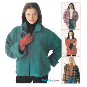 May include: A sewing pattern for four different styles of jackets. The pattern includes a teal fleece jacket, a red fleece jacket, a plaid fleece jacket, and a patterned fleece jacket. The pattern is from Polar Gear.