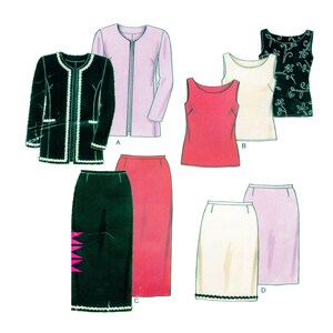 May include: A sewing pattern for a jacket, two sleeveless tops, and three skirts. The jacket is black with white trim. The tops are white, red, and black with a floral pattern. The skirts are black, red, and white.