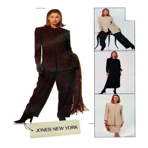 May include: Three women's suit sets in different colors. The first set is brown, the second is black, and the third is beige. Each set includes a jacket and pants or skirt. The image includes the text "JONES NEW YORK".