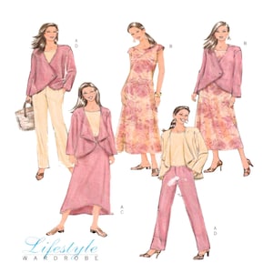 May include: A sewing pattern for a dress and jacket. The pattern includes four different views: a dress with a floral print, a jacket with a solid color, a skirt with a solid color, and pants with a solid color. The pattern is called "Lifestyle Wardrobe".