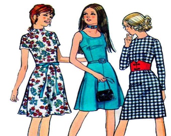 70s, Dress Sewing Pattern, Simplicity 9552, Short Sleeve, High, Round, Scoop, Neckline, Fitted Bodice, Aline / Pencil Skirt, Bust 32", UNCUT