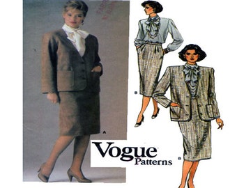 Women Suit, Sewing Pattern, Vogue 9359, Collarless Blazer, Button Front, Jacket, Pencil Skirt, Blouse, Bow Tie, Size 12-14-16, Uncut Vintage