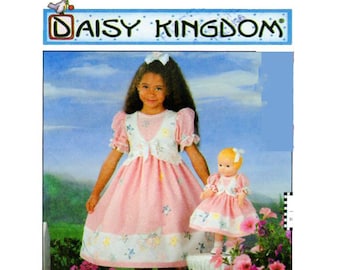 DAISY KINGDOM, Girls Dress, Sewing Pattern, Matching Doll Dress Pattern, Simplicity 7476, Full Skirt, Puff Sleeves, Size 5-6-6x, UNCUT