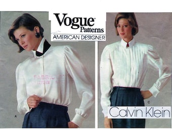 CALVIN KLEIN, Vogue 1211, Patrón de costura para blusa de mujer, Corte holgado, Cuello en punta, Corpiño con pinzas, Camisa de manga larga, Top, Talla 12