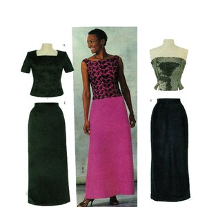 Aftonklänning, sömnadsmönster, Butterick 3304, hel klänning, tvådelad, axelbandslös, tunika, kortärmad, lång kjol, storlek 14-16-18