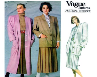 Vogue 1775, PERRY ELLIS, Women Designer Suit, Sewing Pattern, Long Jacket, Trench Coat, Box Pleat Skirt, Pleated Skirt, Size 10, UNCUT, 80s