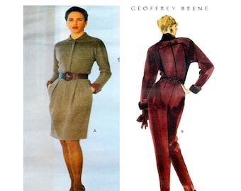 Geoffrey Beene, Dress, Jumpsuit, Vogue 2597, Designer, Women Sewing Pattern, Long Sleeve, Button Front, Slim Skirt, Size 8 10 12, UNCUT