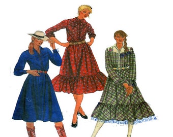 Country Western Style, Women Dress, McCalls 7661, Button Front, Full Skirt, Ruffle Hem, Long Sleeve, Yoke/ Arrowhead, Size 12 Sewing Pattern