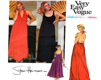 STAN HERMAN, Vogue 1529, American Designer, Evening Gown, Halter Dress, Plunging Neckline, Open Back, Sundress, Fit Flare, Size 12, Bust 34