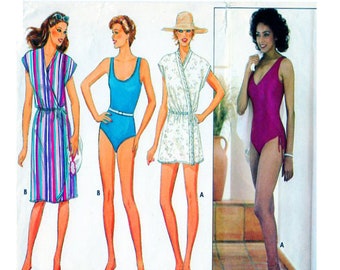 Women, Swimwear, Sewing Pattern, One Piece Swimsuit, Butterick 6462, Wrap Front, Round / V Neck, Size 10 Bust 32.5", Beach Cover, Wrap Dress