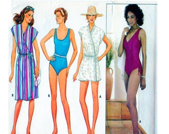 May include: Illustration of four swimsuits and cover-ups. The designs include a striped wrap dress, a blue swimsuit with a belt, a floral cover-up, and a magenta swimsuit with side ties. The image is a vintage fashion illustration.
