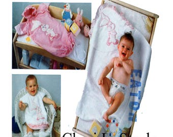 Butterick 4494, Cheri Strole, baby, baby, vlaggestok, badhanddoek, volledig slabbetje, naaipatroon, slaapzak, appliqué beer of konijntje, ongesneden